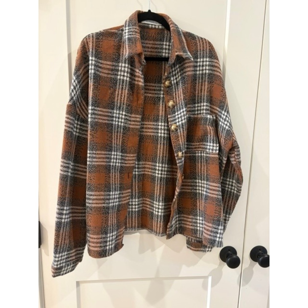Miss Sparkling Plaid Shacket Rust Orange Black White Button Down Oversized 2XL